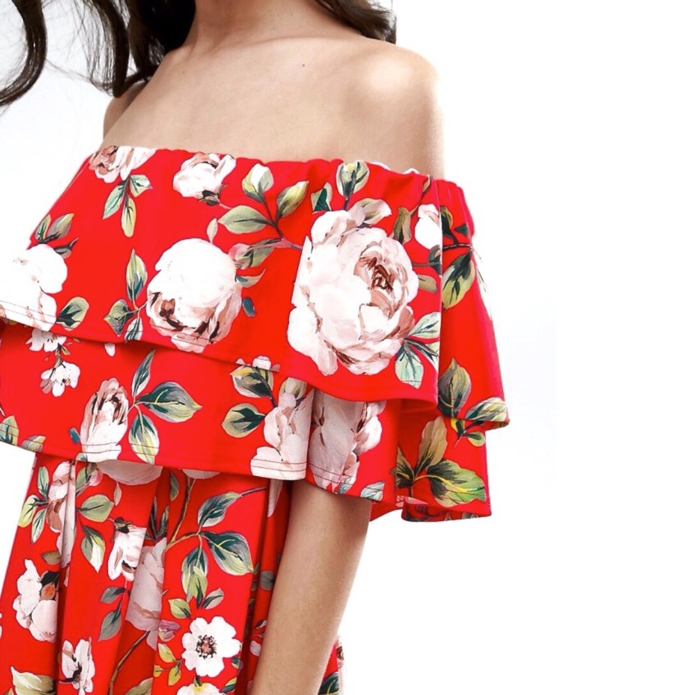 ASOS Rose Floral Off Shoulder Ruffle Mini Dress 12 - Picture 4 of 7